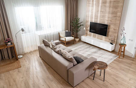 Modern interior of a cozy living room in bright colorsの写真素材