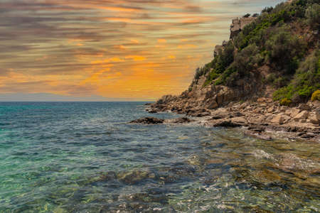 Dawn on the mediterranean sea beautiful bay with clear waterの写真素材