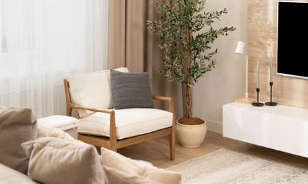 Cozy corner in modern living room in Scandinavian styleの写真素材
