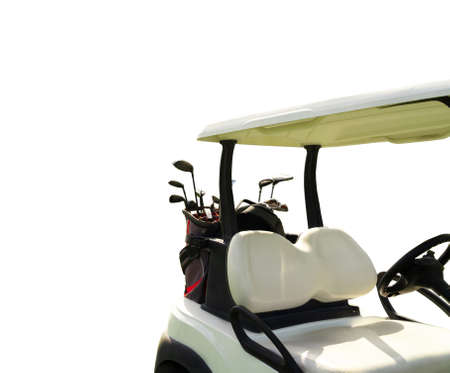 Golf cart with golf bag and clubs isolated on a white backgroundの写真素材