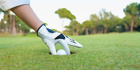 White golf glove and ball in the holeの写真素材