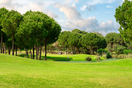 Scenic panoramic view of golf fairway at the golf courseの写真素材