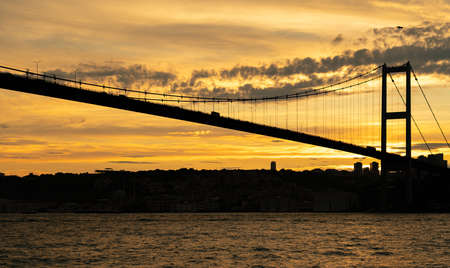 Cable-stayed bridge across the Bosphorus at sunsetの写真素材