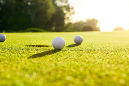 Three golf balls on the green grass near hole on a golf course at sunsetの写真素材