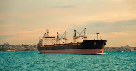 A cargo ship passes the Bosphorus, against the backdrop of the city on the shoreの写真素材