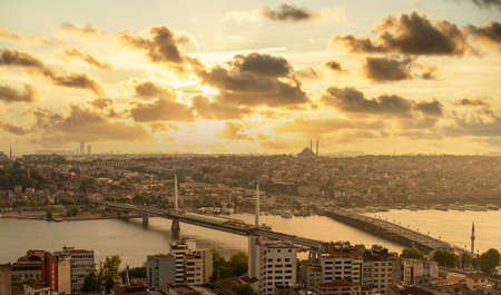 Istanbul panorama with mosque at sunset, aerial view of old town, bridge and Golden horn strait, Turkeyの写真素材