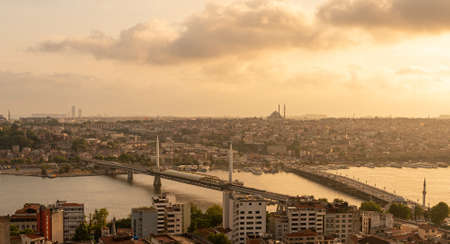 Istanbul panorama with mosque at sunset, aerial view of old town, bridge and Golden horn strait, Turkeyの写真素材