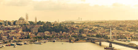 Istanbul panorama with mosque at sunset, aerial view of old town, bridge and Golden horn strait, Turkeyの写真素材