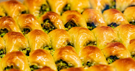 Texture lines of baked pistachio baklava close upの写真素材