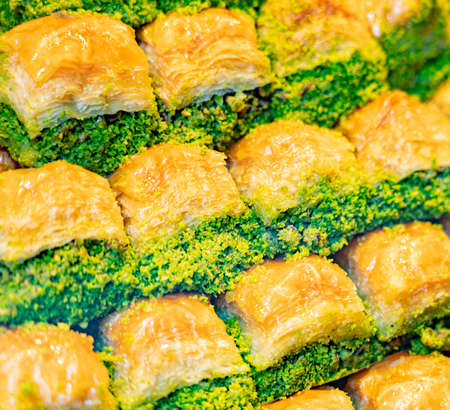 Lines of pistachio baklava close up textureの写真素材