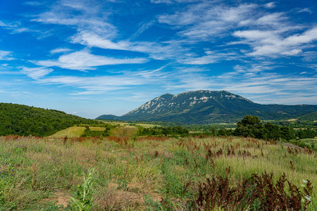 Panoramic view of a valley with a mountain on the horizon under a blue cloudy sky