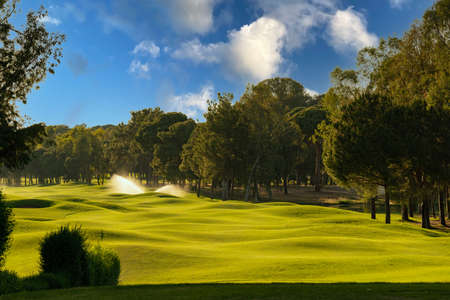 Serene golf course under a beautiful skyの写真素材