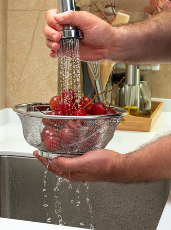 Red grapes under a strong jet of water with splashesの写真素材