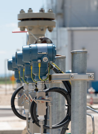 Row of sensors of electronic pressure sensors on gas pipeline equipment