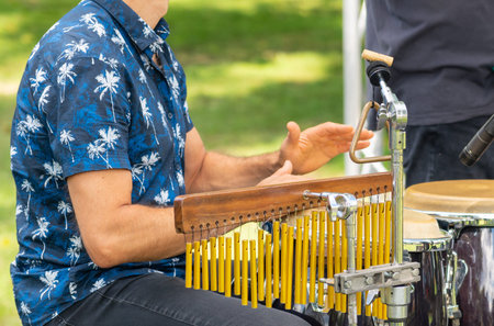 Drummer playing drums on the stage of a street folk festival close-up