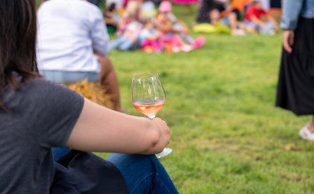 Back view of a seated female figure with a glass of wine in her hand at a picnicの写真素材