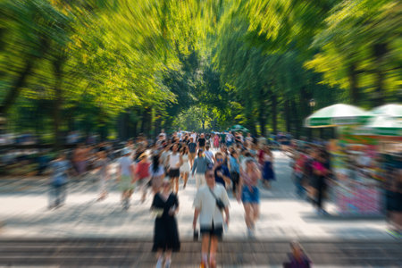 Crowd in Central park in New York, motion blur effectの写真素材