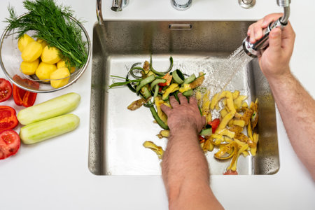 Modern sink with food waste in the hole of the disposerの写真素材