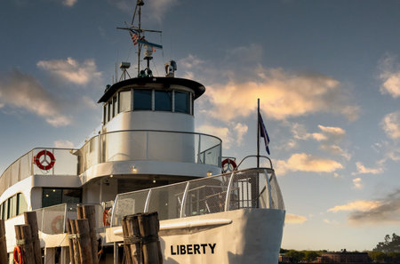 Ferry to Liberty Island at the pier before loading passengersの写真素材