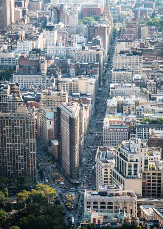New York City, United States - September 18, 2022. Aerial view of the Flatiron Building and the intersection of Fifth Avenue and Broadwayのeditorial素材