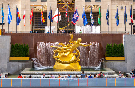 New York, USA - September 18, 2022: Square with a fountain in New York with a statue of Prometheusのeditorial素材