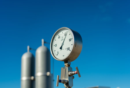 High pressure manometer at a natural gas pipeline compressor stationの写真素材