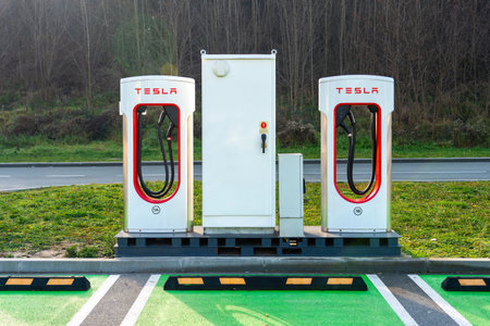 Belgrade, Serbia - January 02, 2023: Tesla Supercharger Station. The Supercharger offers fast rechargingのeditorial素材