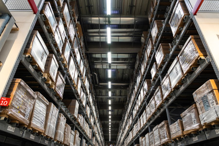 Belgrade, Serbia - January 02, 2023: Wide angle view of Warehouse in IKEA store. IKEA furniture warehouse areaのeditorial素材