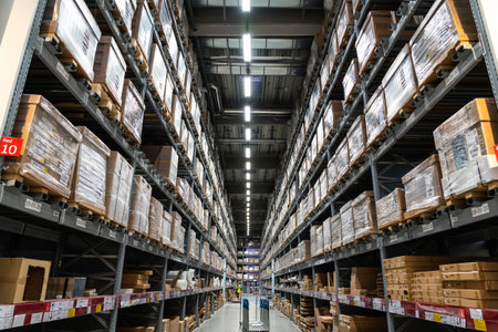 Belgrade, Serbia - January 02, 2023: Wide angle view of Warehouse in IKEA store. IKEA furniture warehouse areaのeditorial素材