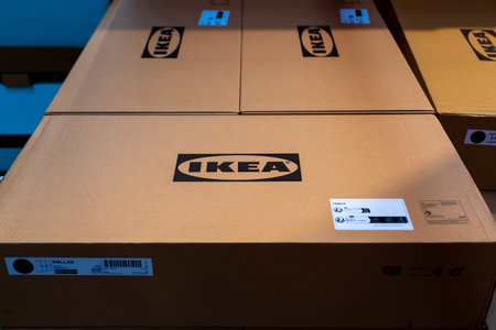Belgrade, Serbia - January 02, 2023: IKEA logo on cardboard delivery boxesのeditorial素材