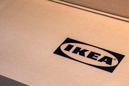 Belgrade, Serbia - January 02, 2023: IKEA logo on cardboard delivery box close upのeditorial素材