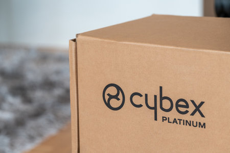 Novi Sad, Serbia - 15 January, 2023: Logo of Cybex platinum brand on cardboard box . Cybex is German stroller producerのeditorial素材