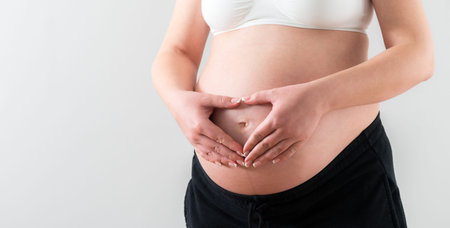 Hands folded in the shape of a heart on the middle of the belly of a pregnant girl