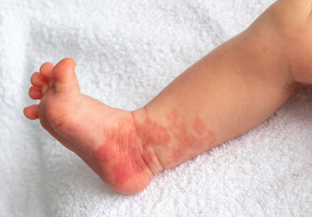 Hemangioma red birthmark on the leg of newborn baby