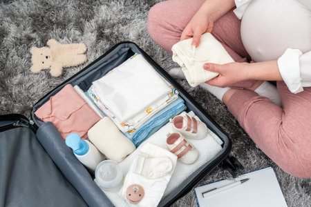 pregnant lady on the floor, deeply involved in packing her suitcase, mirroring the excitement of the future mother journeyの写真素材