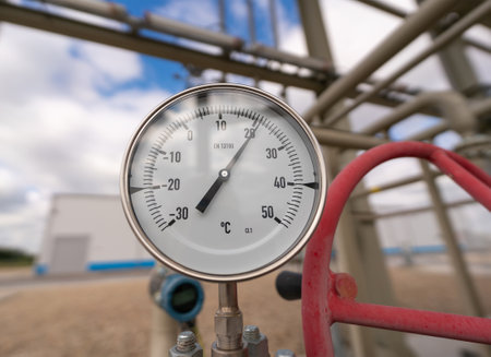 Temperature indicator close up with gas transport object in the backgroundの写真素材