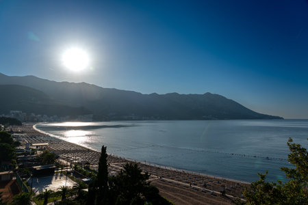 View of the beaches of the Becici promenade in Montenegroの写真素材
