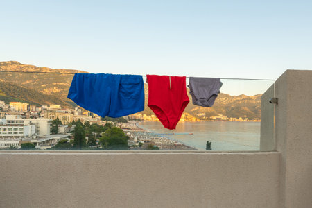 Colored swimsuits large medium and small as a family vacation conceptの写真素材