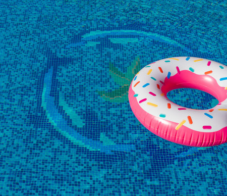 Pink inflatable donut swimming ring in a swimming pool