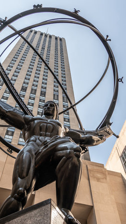 New York, USA - September 19, 2022: Sculpture of Atlas in front of the Rockefeller Center in Manhattan, New Yorkのeditorial素材