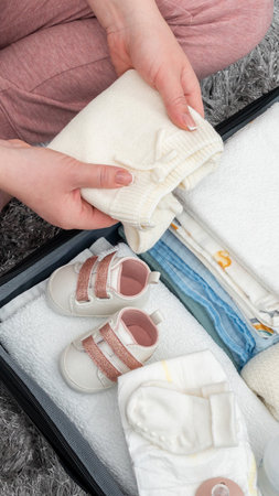 Pregnant woman packing suitcase for maternity hospital at home