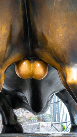 New York City, United States - September 19, 2022 The bottom and rear view of the Bull in Lower Manhattan represents the growth of economic indices and the US economyのeditorial素材
