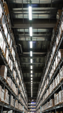 Belgrade, Serbia - January 02, 2023: Wide angle view of Warehouse in IKEA store. IKEA furniture warehouse areaのeditorial素材