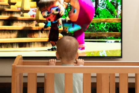 Exploring the world right from your crib. Cartoons and baby.の写真素材