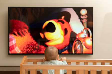 The babys attention is occupied by the TV with cartoonsの写真素材
