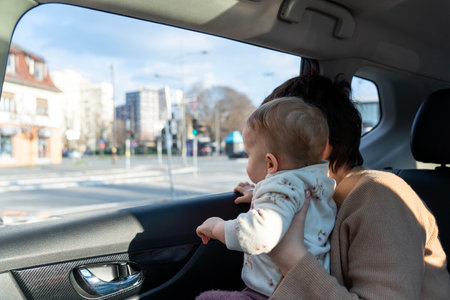 A baby in his mothers arms without a seat belt in a carの写真素材
