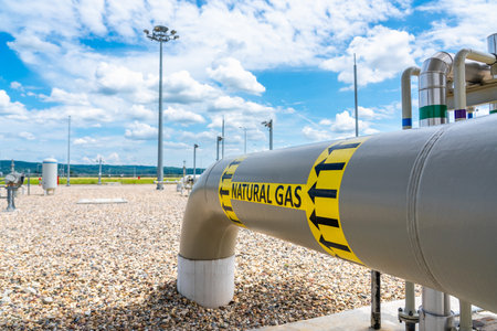High pressure natural gas pipeline and flow direction indicator. Concept of modern infrastructureの写真素材