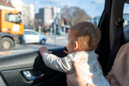 A child plays in a car and looks out the window with interest. Concept of unsafe transportation of childrenの写真素材