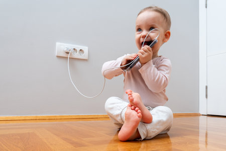 A child plays with a mobile phone that is charging. Concept of everyday dangersの写真素材