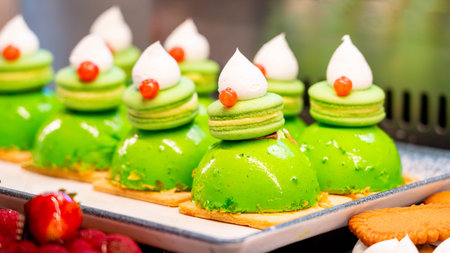 Beautiful green pistachio cakes decorated with macarons